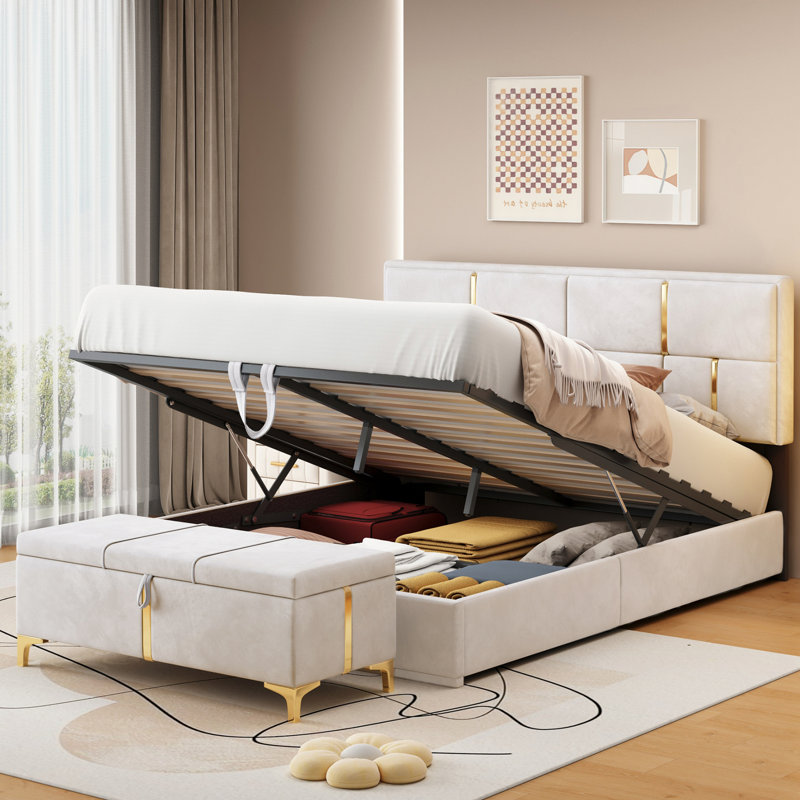 Seelam Upholstered Platform Storage Bed with Storage Ottoman Mercer41 Color Beige